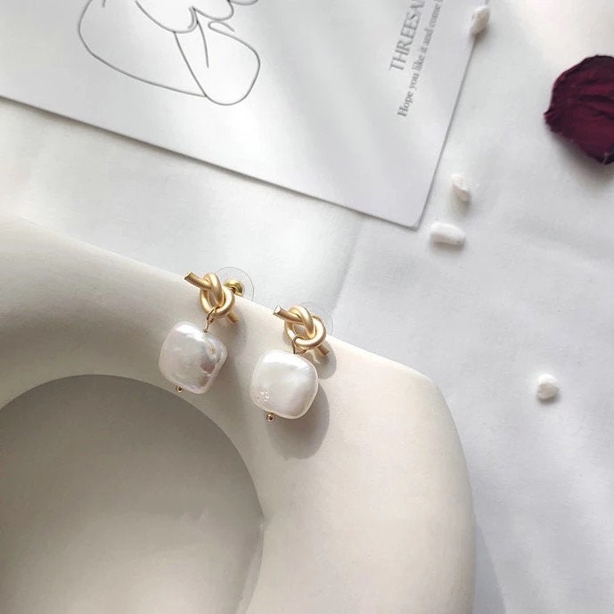 14K Matte Gold Plated Brass Knotting Pearl Drop Dangle Earring, Dainty Earrings, Freshwater Pearl Earrings